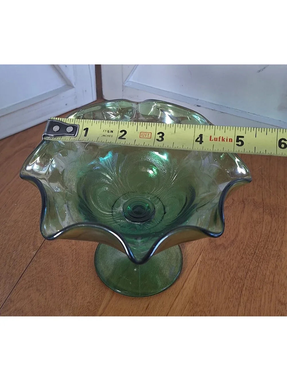 VTG Uranium Green Glass Scroll Embossed Footed Candy Compote Dish 4.5